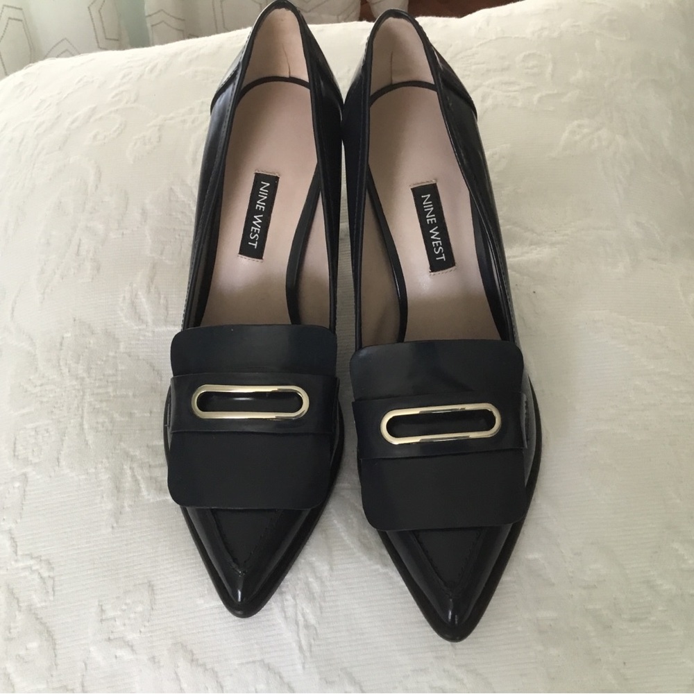 Nine West Black Pointed Loafer Flats with Gold Accent Detail